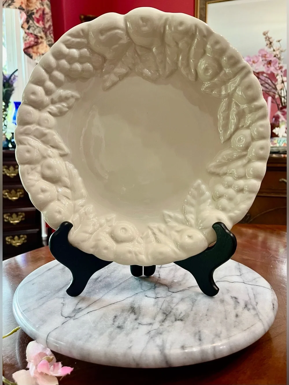 VTG Claire Burke Pottery Raised Fruit Design Ivory Serving Bowl Platter 10.5